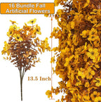 16 Bundles Artificial Fall Mums Outdoor UV Resistant, Fake Silk Plants No Fade Faux Greenery for Garden Porch Patio - Autumn Thanksgiving Christmas Home Decor (Fall Yellow)