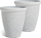 Worth Garden 2-Pack 16" Large Round Planter - Weave Pattern Lightweight Plastic Plant Pot 16" x 17.5" for Indoor Outdoor Use - Decorative Containers for Front Porch Home Yard Deck Patio - White