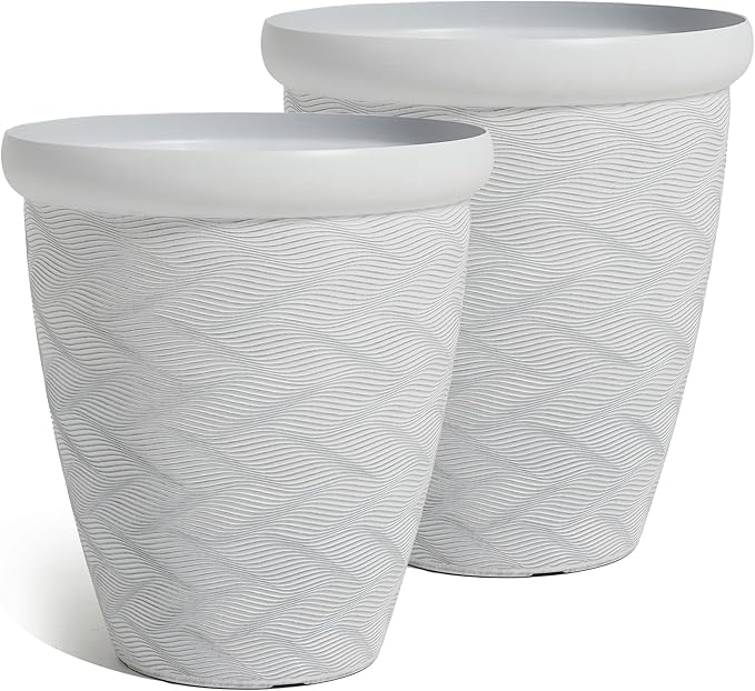 Worth Garden 2-Pack 16" Large Round Planter - Weave Pattern Lightweight Plastic Plant Pot 16" x 17.5" for Indoor Outdoor Use - Decorative Containers for Front Porch Home Yard Deck Patio - White