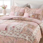 Yvooxny Quilts Queen Size Patchwork Pink Floral Quilt Set Vintage Shabby Chic Botanical Floral Quilted Bedspread 3-Piece Quilt Set with Ruffle for All Seasons, Queen Size, 98 * 90 Inches