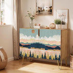 SIGNWIN Sideboard Buffet Cabinet, Kitchen Storage Cabinet with 2 Doors, Pastel Colorful Mountain Forest, Cupboard Console Table for Dining Room - 35" L x 18" W x 29" H