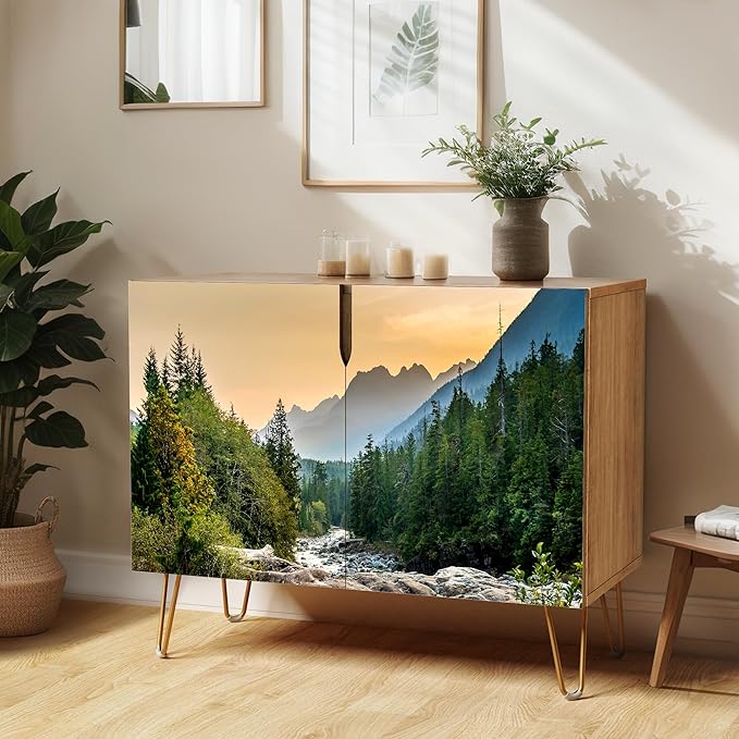 SIGNWIN Sideboard Buffet Cabinet, Kitchen Storage Cabinet with 2 Doors, Scenic Spring Mountain Forest Riverra, Cupboard Console Table for Dining Room - 35" L x 18" W x 29" H