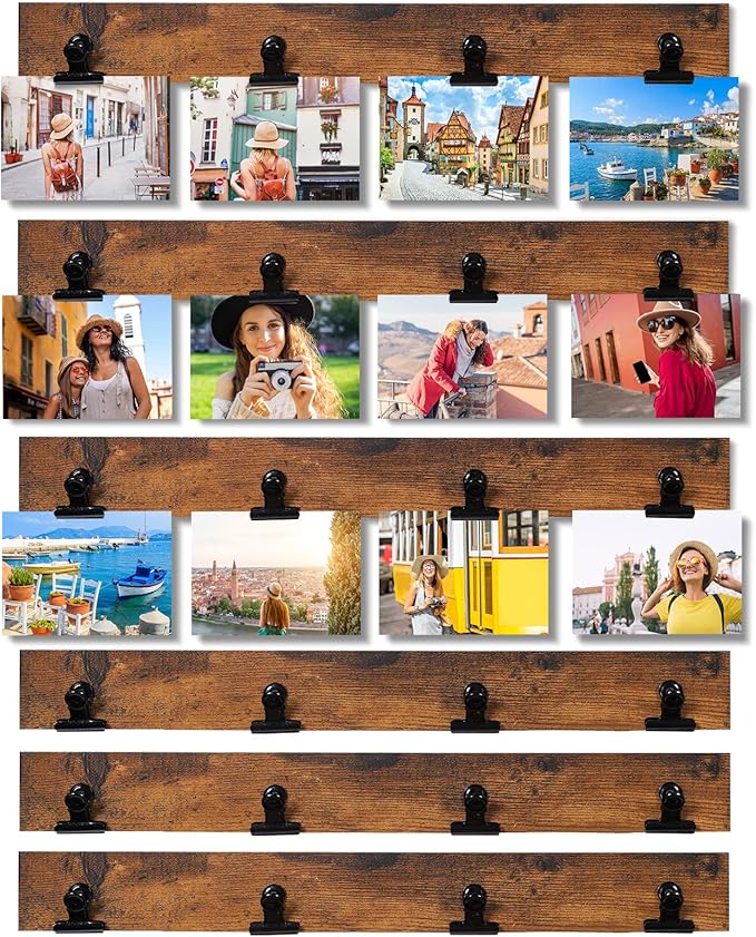 Picture Frame With 24 Clips,Large Size Collage Photo Frames, Hanging Wall Decor Frame, Organize and Display Photos, Artwork. No Assembly Required, Brown