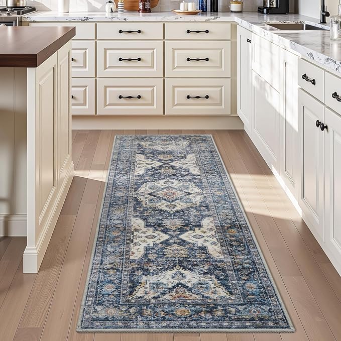 AMOAMI-2X3 Small Rug-Washable Rugs Entryway Mat Indoor-Soft Vintage Non Slip Rugs for Kitchen Laundry Room Bathroom Blue Decorative Accent Rug for in Front of Sink 24 Inch x36 Inch