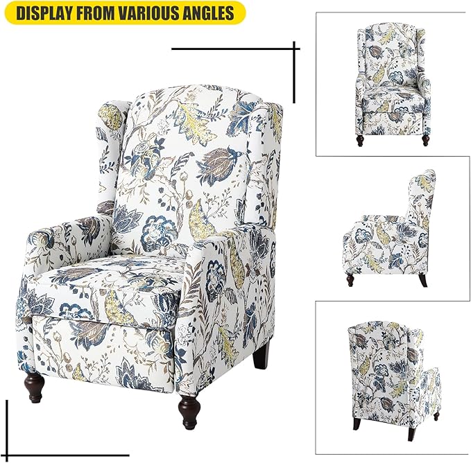 Wingback Recliner Chair, Traditional Push Back Recliner Chair with Padded Seat, Upholstered Wingback Chair, Mid Century Modern Floral Recliner for Living Room(2, Blue Floral)