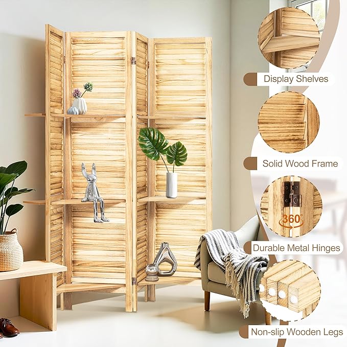 Osparple Room Divider with Shelves 4 Panel Wooden Folding Room Dividers Privacy Screen Wall Divider for Room Separation for Office and Apartment, Natural