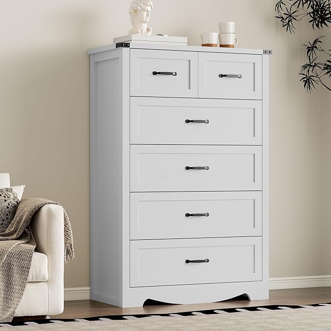 Tall 6-Drawer Dresser for Bedroom, Modern Wooden Chest of Drawers with Metal Handles, Anti-Tipping Design, Sturdy and Stable Storage Organizer for Living Room, Entryway, Home Office, Standard