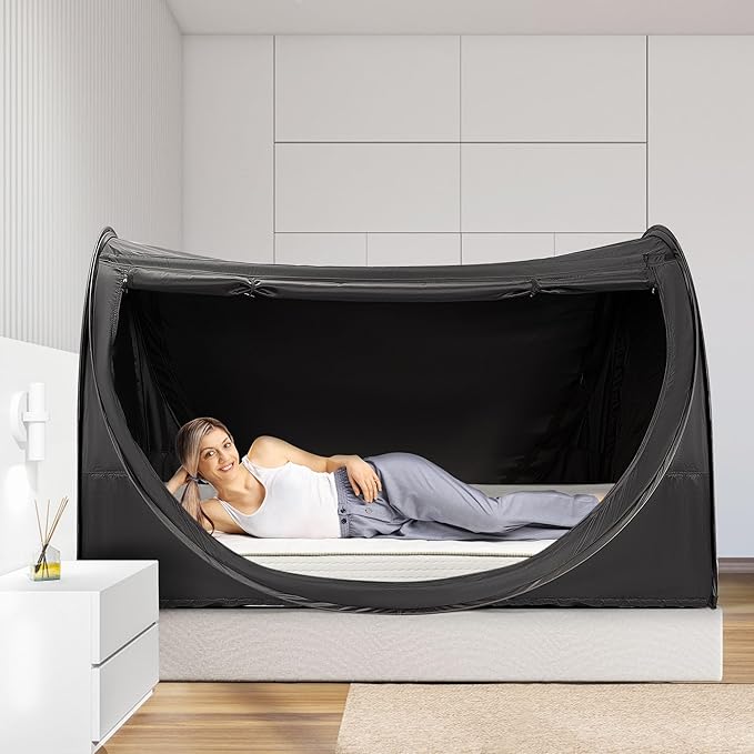 VIVOHOME Pop-Up Bed Tent Twin Size, Privacy Bed Canopy with 4 Doors and Mosquito Mesh, Breathable All Black Sleeping Tent for Kids and Adults
