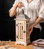 TIMRIS Large Rustic Wooden Metal Decorative Lantern Set of 2, Modern Farmhouse Floor Candle Lanterns with Drawer, Indoor/Outdoor Hanging Lanterns for Home Decor (No Glass)