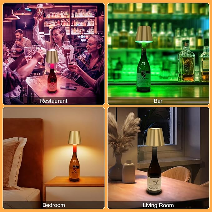 DUSKTEC Wireless Bottle Lamp Shade, RGB LED Wine Bottle Lamp with Stopper, 3 Color Stepless Dimming Rechargeable Touch Wine Bottle Lights for Any Liquor Bottle Bars Restaurants (Gold, 2PCS)