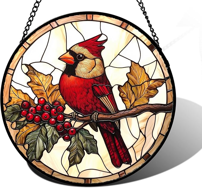 Stained Glass Window Hanging, Birds on a Branch Cardinal Sun Catchers Diamond Glass Panel Hangings Suncatcher Decor for Birthday for Women, Men, Wife, Aunt, and Mom 9.8X9.8IN