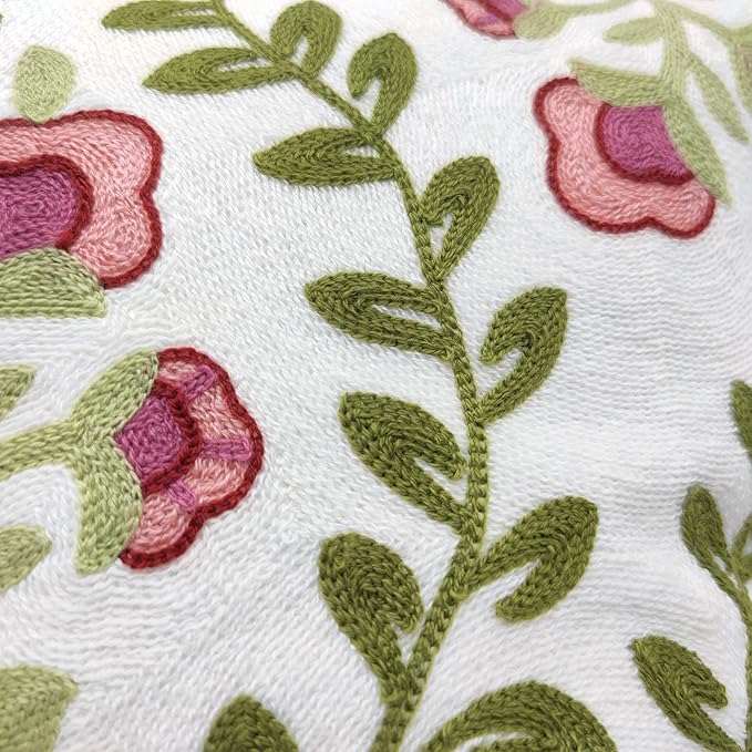 Alysheer Floral Embroidered Summer Decorative Throw Pillow Covers 18"x 18" Set of 2, Farmhouse Cottage Pink Flowers Green Leaves Knit Pattern Cotton Canvas Cushion Case for Sofa Couch Bed Living Room