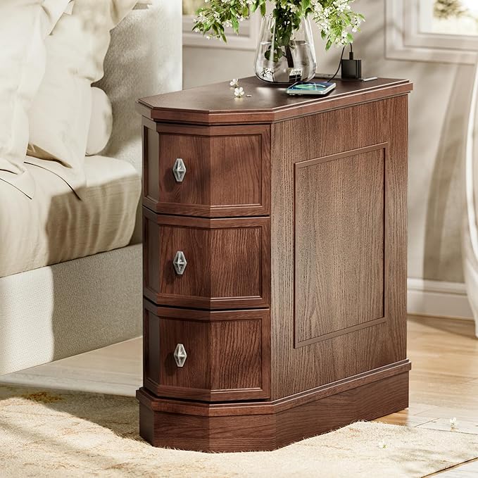 Nightstand with Charging Station, Vintage Wood End Table with 3 Drawer, Victoria Narrow Side Table, Slim Bedside Tables for Bedroom, Pre-Installation, Brown