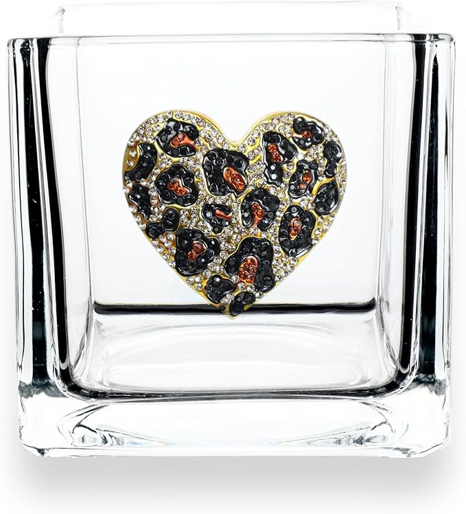 THE QUEENS' JEWELS Leopard Heart Jeweled 4x4 Candle Holder Vase - Unique Gift for Women, Birthday, Cute, Fun, Cocktail, Queen, Not Painted, Decorated, Bling, Bedazzled, Rhinestone