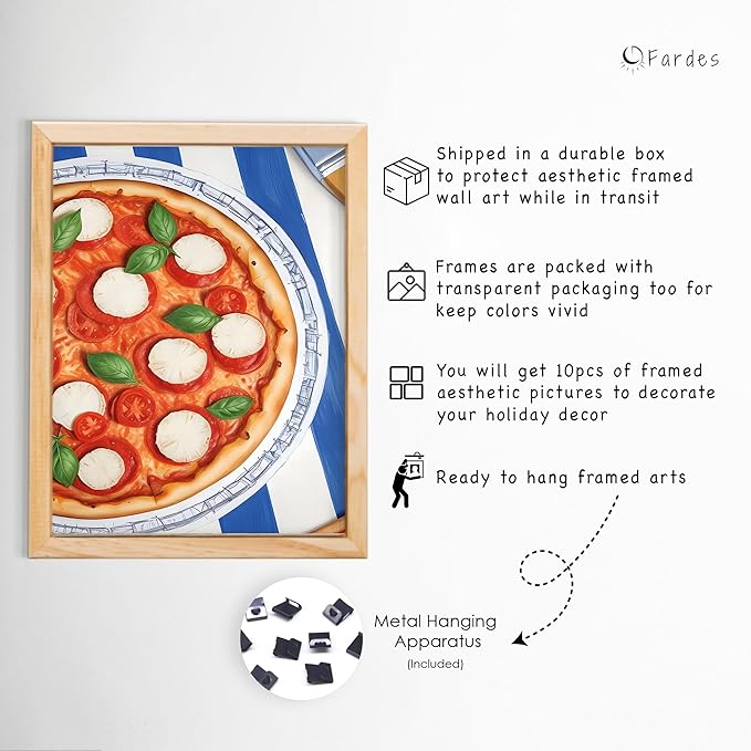 Kitchen Wall Decor Natural Oak Framed Wall Art, 10 pcs of Food Prints for Dining Room Wall Decor, Colorful Pasta and Fruit Wall Pictures for Decoration