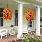 Artificial Fall Fake Hanging Flowers Plants Basket for Outdoor Autumn Decoration, Faux Silk Morning Glory Long Stems Vines Realistic UV Resistant for Outside Home Porch Garden (Fall Orange+Yellow)