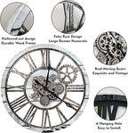 The B-Style Large Real Moving Gears Wall Clock 30 inch Rustic Retro Industrial Farmhouse Wood Clock Oversized Decorative Vintage Wall Clocks for Living Room (Silver Gray)