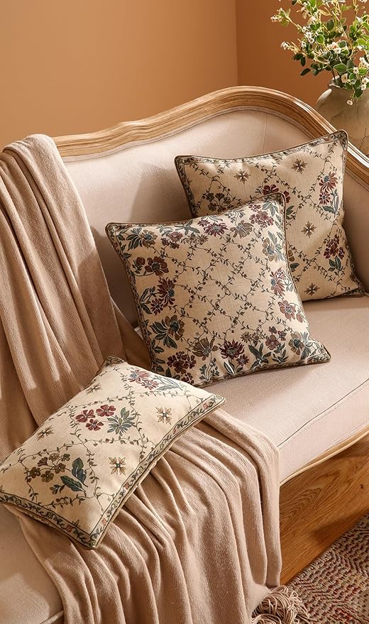 patdrea Designer Throw Pillow Covers Set of 4,Euro Vintage Light Brown Linen with Floral Collection Pattern Pillow Cover,Decorative Square Lumbar Round Pillowcases Cushion for Bed Living Room Car