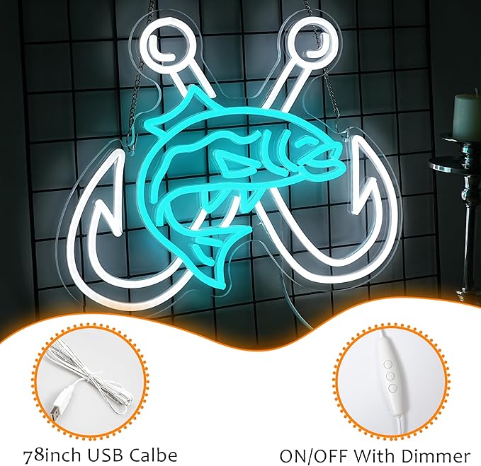 LISIGNVE Crossed Fish Hooks Neon Sign Fishing Led Neon Light for Wall Decor Fish On Light up Sign for Fishing Gear Store Yacht Gift for Father Boy(16.5 * 12.6 In)