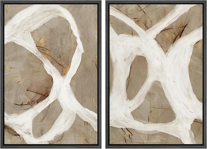 SIGNFORD Framed Canvas Print Wall Art Set Abstract White and Beige Brushstrokes on Neutral Illustrations Modern Art Decorative Bohemian for Living Room, Bedroom, Office - 24"x36"x2 Black