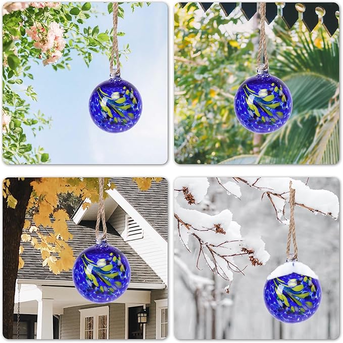 VCUTEKA Hanging Garden Gazing Ball, Hand-Blown Glass Witch Ball for Outdoor Garden Décor, 6" Blue Swirl