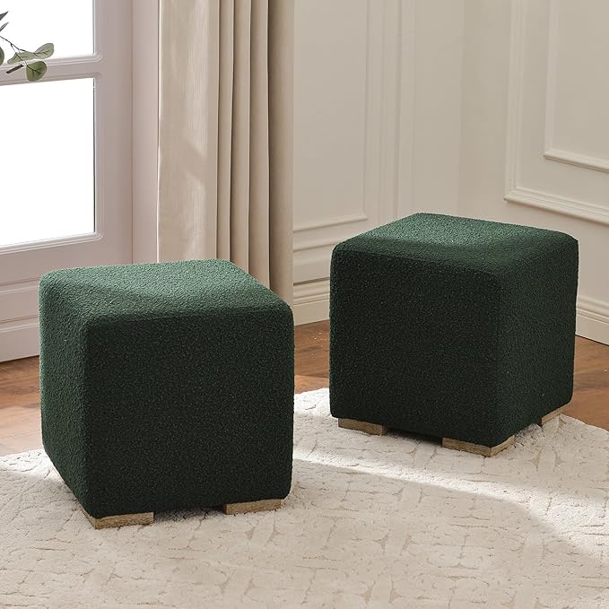 KINWELL 18.5" Wide Modern Square Boucle Upholstered Ottoman with Solid Wood Legs Set of 2, Cube Ottoman Multi-Functional Sofa Footrest, Extra Seating for Living Room, Bedroom, Fully Assembled (Green)