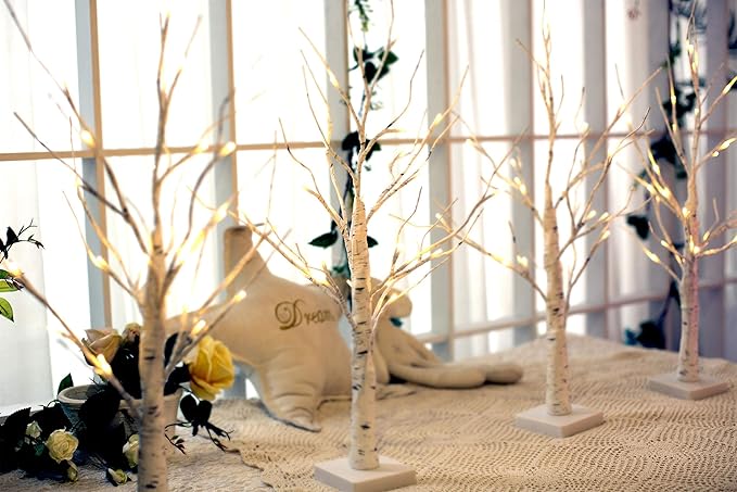 EAMBRITE Home Decorations Light Up White Birch Tree Indoor Christmas Decor, 4 Pack Battery Operated/USB Lighted Tabletop Money Tree Lamp Led Lights Easter Wedding Centerpiece Table Room (2 Ft)