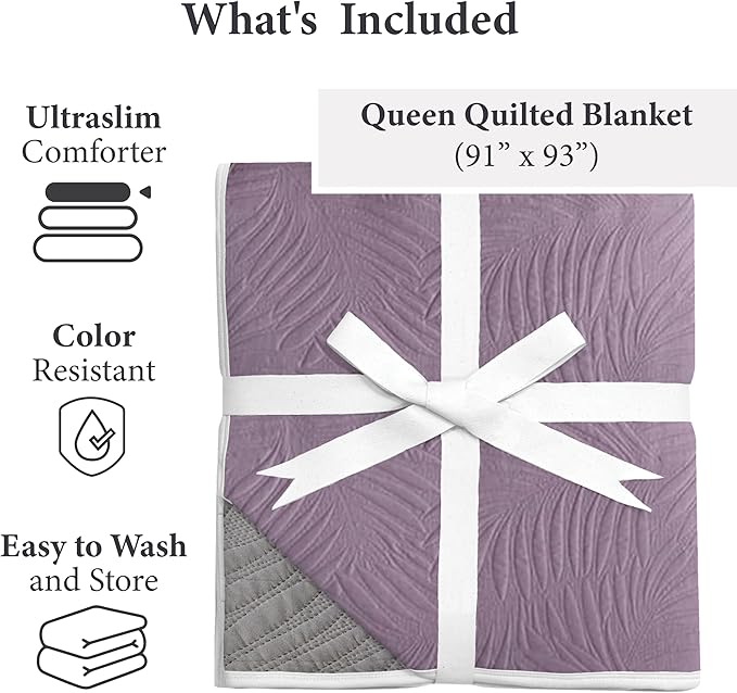 Vianney King Size Comforter Novo Mallow Bedding Reversible Lightweight Quilt Blanket 110x93 Inches Soft Cozy Throw for Couch or Bed in Light Purple and Light Grey with Palm Leaf Quilt Pattern