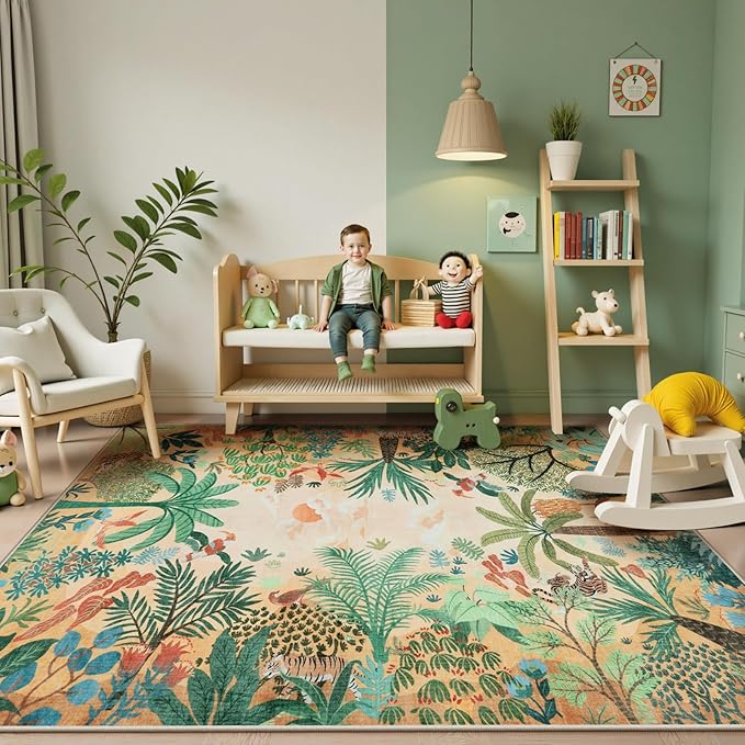LIVEBOX Washable Jungle Animal Print 6 x 9 Area Rug for Dining Room, Non-Skid Yellow Kids Carpet Playmat Rug for Play Room, Soft Nursery Rugs for Girl Dorm, Kids Rugs for Bedroom Boys
