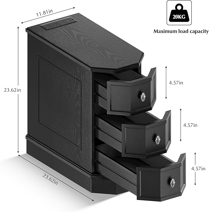 Nightstand with Charging Station, Vintage Wood End Table with 3 Drawer, Victoria Narrow Side Table, Slim Bedside Tables for Bedroom, Pre-Installation, Black