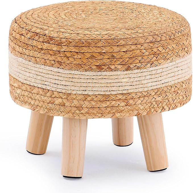Handwoven Round Ottoman, Natural Water Hyacinth Outdoor Patio Pouf Seagrass Low Stool with Wood Legs, Soft Padded Footrest for Living Room Bedroom Garden, White