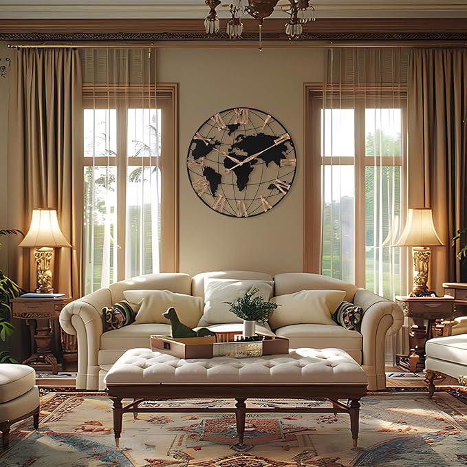 30 Inch Extra Giant Large Wall Clock Oversized,Black Big Metal Modern Decorative Silent World Map Wall Clock with Vintage Gold Roman Numeral for Office,Living Room,Kitchen,Dining Room Decor