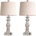 24.5" Table Lamp Set of 2, Rustic Farmhouse Bedside Lamps with USB A+C Charging Ports, 3-Way Dimmable Touch Control Nightstand Lamps for Living Room Bedroom, Antique Grey White, LED Bulbs Included