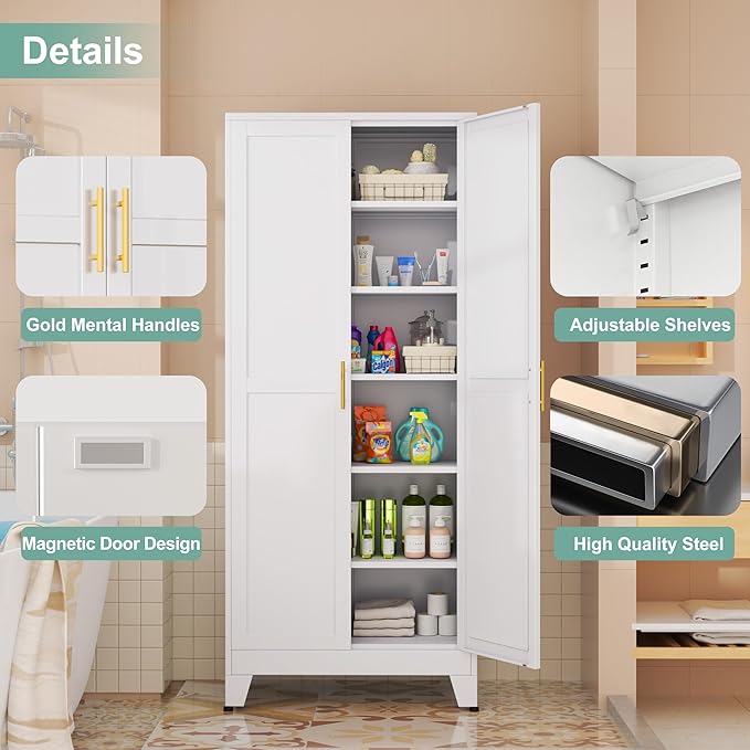 Metal Pantry Cabinet with 2 Doors and 5 Adjustable Shelves, 75" Kitchen Storage cabinets with Gold Handles, Versatile Storage for Laundry Room, Living Room, Bathroom, Dinning Room, Utility Room-White