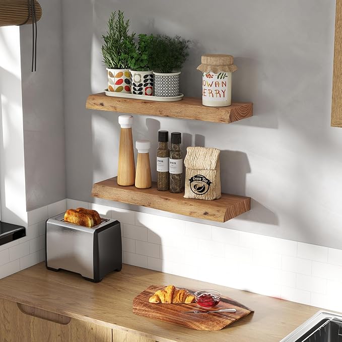 24" Floating Shelves, Live Edge Solid Elm Wood Floating Shelf, Wall Mounted Display Shelves with Heavy-Duty Bracket for Books, Rustic Wooden Shelf for Kitchen, Bathroom, Natural Color, Set of 2