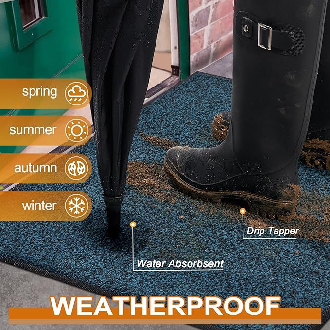 Mibao Front Door Mat, Dirt Trapper Welcome Mat for Outdoor Indoor, Non-Slip Waterproof Doormat, Durable Machine Washable Low Profile Entry Rug for Back Door Outside Patio Porch, 32" x 20", Blue