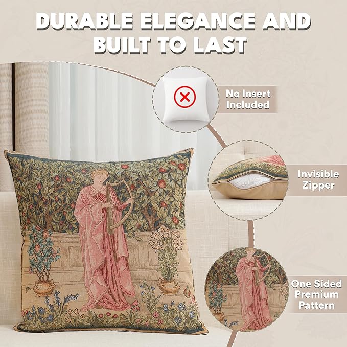 Charlotte Home Furnishings Decorative Tapestry Pillow Cover 19x19 in, Green Menestrel Couch Throw Pillow Cover, French Country Square Cushion Cases for Bed Room Home Decor, Soft Cotton Jacquard Woven