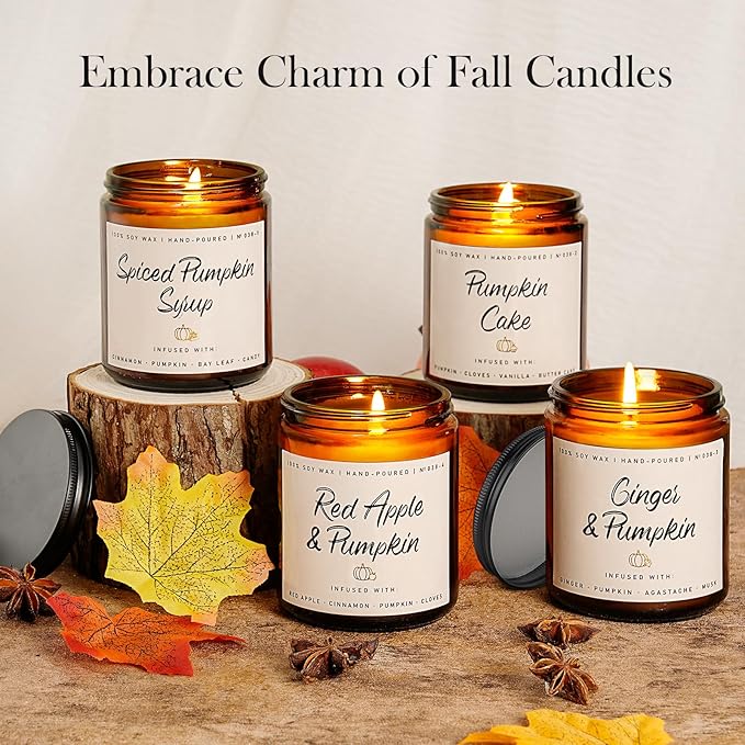 Pumpkin Candle Set | 4 Pack Scented Candles for Home - Candle Gifts for Women Men, Soy Candles | Jar Candle Scents of - Cake/Red Apple/Syrup/Ginger