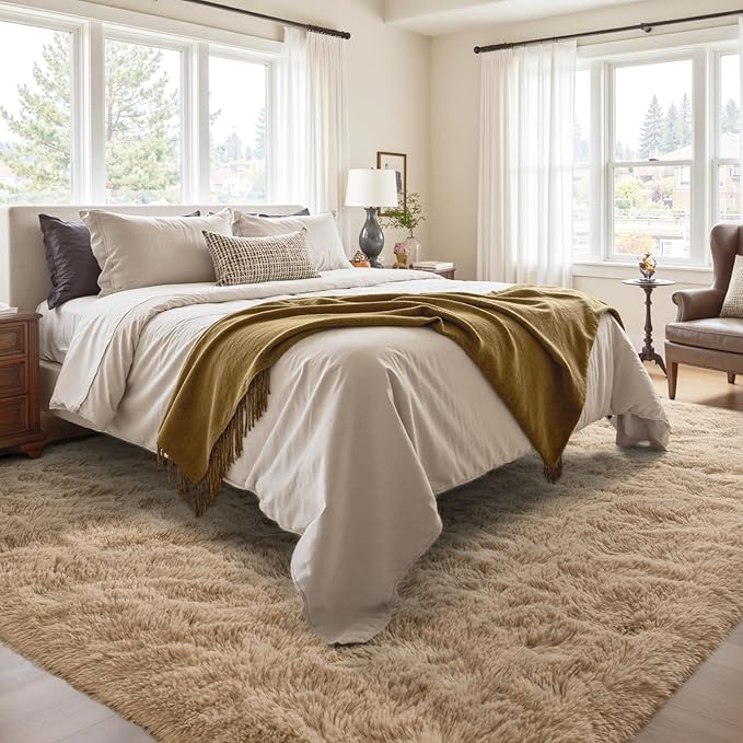 4x6 Ft Shag Beige Rugs for Bedroom Living Room, Ultra Soft Fluffy Furry Area Rugs for Playroom Indoor Floor, Aesthetic Carpet for Kids Home Decor