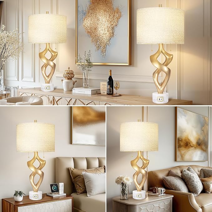 Scenekoy Sculptural Resin Table Lamp Set of 2 with USB Ports for Bedroom Living Room, 31” Big Gold Leaf Marble Base Bedside Lamps, Pull Chains Switch Modern Nightstand Lamp for Home Room Decor