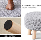 Wimarsbon Small Ottomans, 100% Hand Knitted Pouf Ottoman, Round Footrest with 4 Non-Skid Wood Legs, Boho Décor Cotton Rope Pouffe Beside Sofa, Leisure Floor Step Chair for Living Room (Grey)