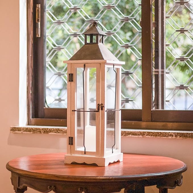 Bdor 26in Farmhouse White IP65 Waterproof Wood Metal Decorative Lanterns with Remote Control, Timer, Tempered Glass, Flameless Pillar Candles, Decorative Lanterns for Home Decor, Front Porch, Wedding