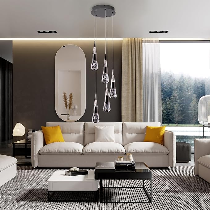 5-Light led Pendant Light, Dimmable Modern Pendant Light Kitchen Island Light Fixture Luxury Meteor Shower-Style Black Led Chandelier for Dinning Room, Kitchen Lighting Fixture