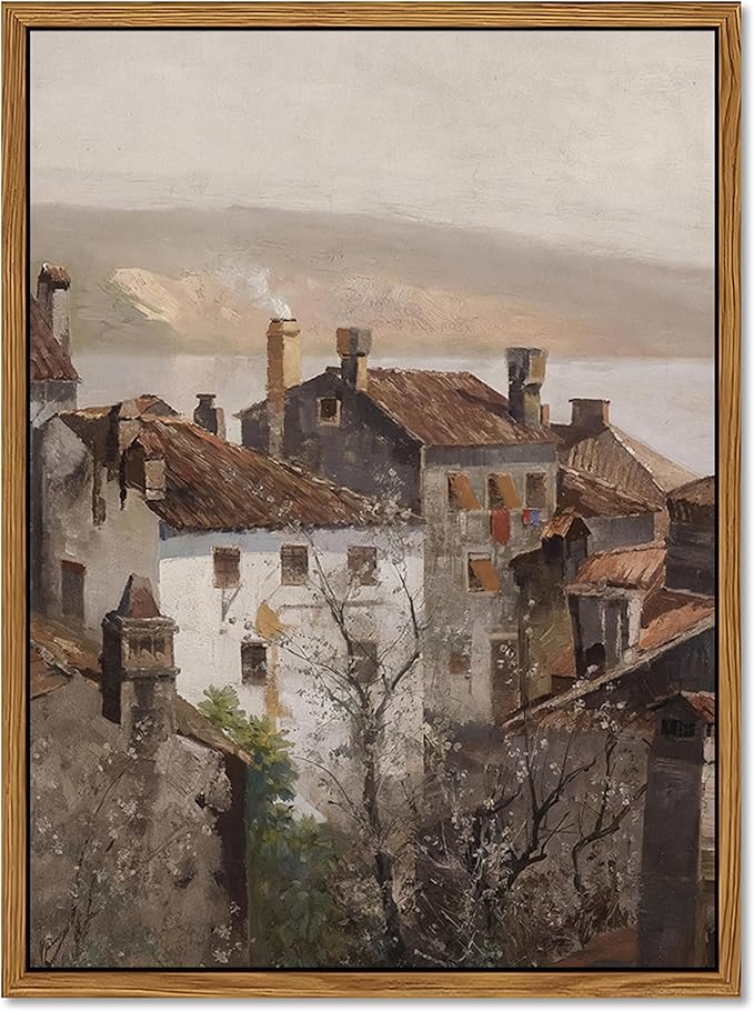 Floating Framed Vintage Canvas Wall Art, European Country Towns Wall Decor Oil Paintings Artwork, Rustic Farmhouse Posters Prints Pictures for Living Room Hallway Bedroom 12x16 inch