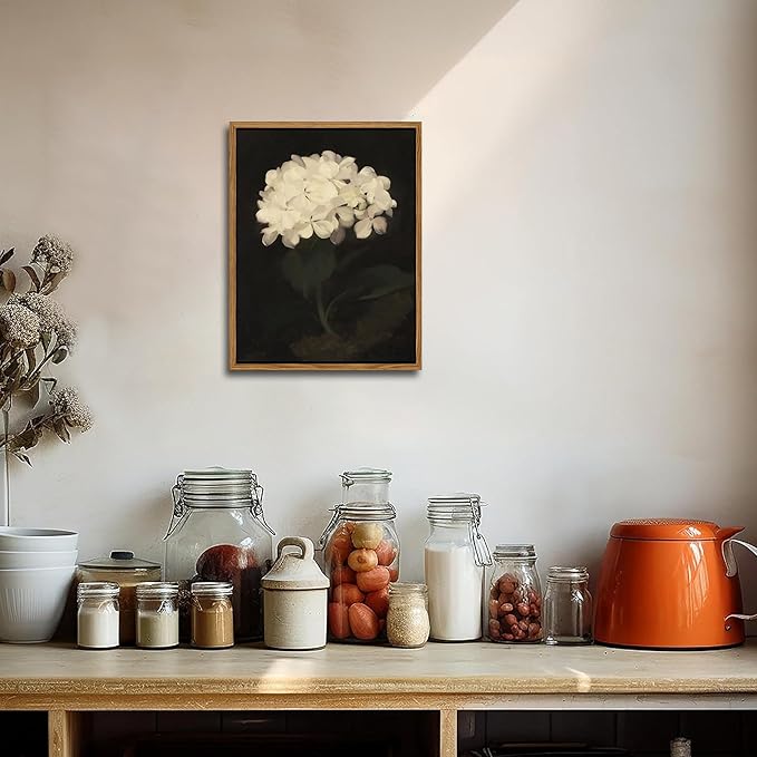 Framed Wall Art for Living Room – Vintage White Hydrangea Oil Painting Canvas Prints, Aesthetic Bedroom Wall Art, Kitchen Decor for Shelves, Bathroom Office Artwork Wall Decor – 8x10in