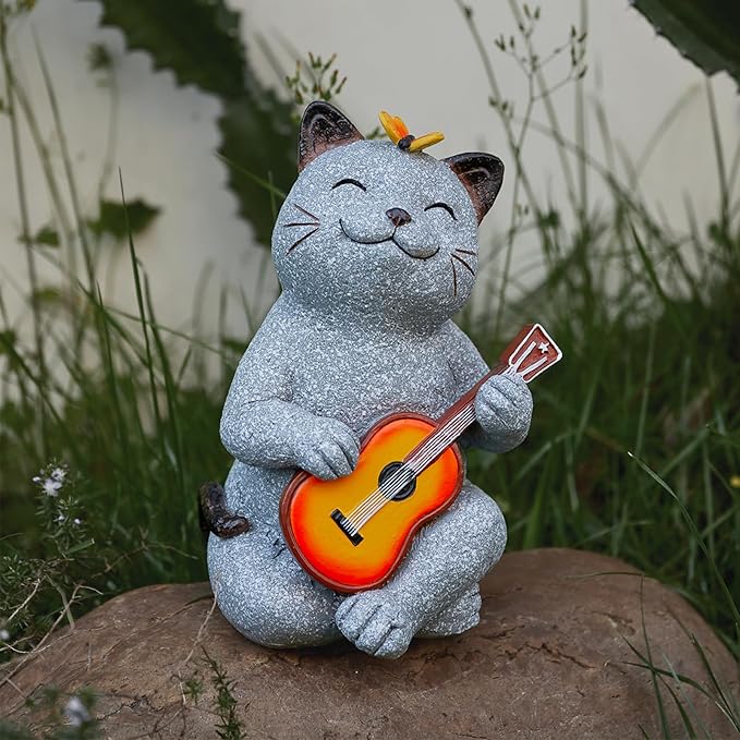 Cat Garden Statue Outdoor Decor, Cat Sculpture with Guitar and Butterfly for Yard Lawn Patio Balcony, Birthday Housewarming Gifts for Mom, Grandma, Women, 8.8 inch, Resin