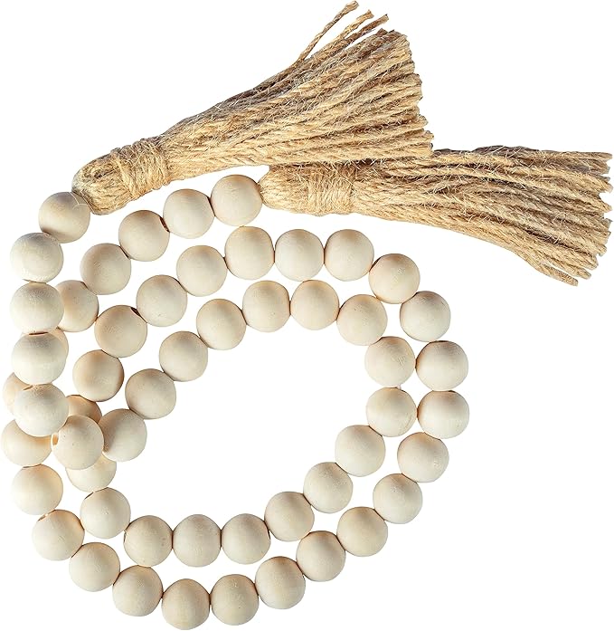 Decorative Wood Bead Garland Home Decor, Farmhouse Garland Beads with Tassel, Wooden Tier Tray Rustic Prayer Boho, Wooden Farmhouse Decor Boho Tassel