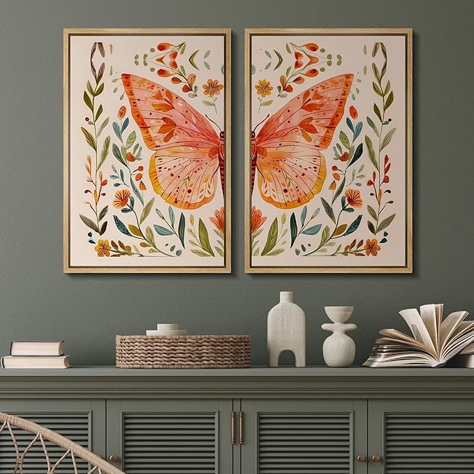 SIGNFORD Framed Canvas Print Wall Art Set Whimsical Butterfly and Florals Colorful Nature Illustration Modern Art Decorative Nordic Nature for Living Room, Bedroom, Office - 16"x24"x2 Natural