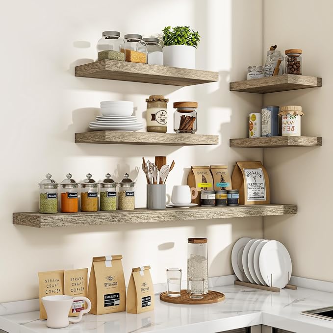 24 Inch Floating Shelves, 3D Textured Wood Grain, 24"x9.25"x1.5" Inch Deep Floating Shelves for Wall, Wooden Shelves for Bathroom, Bedroom, Living Room, Vintage Gray Oak