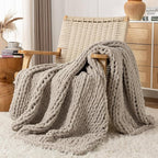 Chunky Knit Blanket Throw, 100% Hand Knit Throw Blanket Handmade Chenille Cable Knit Throw for Couch, Stylish Cozy Soft Rope Knot Crochet Blanket for Home Decor, Beige Linen, 50x60 Inches